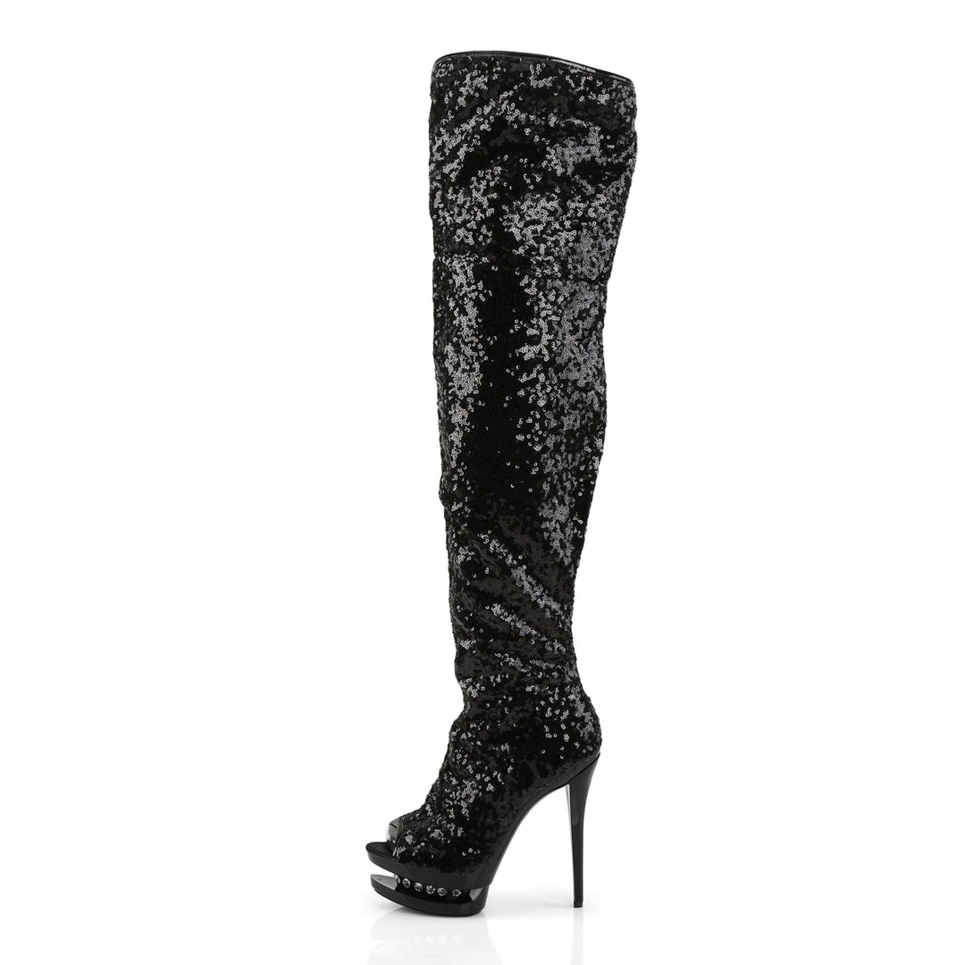 Pleaser Direct Blondie R-3011 Black Sequin Platform Thigh High Boots 3 Pleaser Direct Blondie R-3011 Black Sequin Platform Thigh High Boots