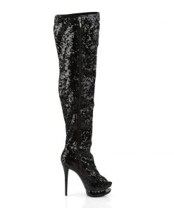 Pleaser Direct Blondie R-3011 Black Sequin Platform Thigh High Boots 9 Pleaser Direct Blondie R-3011 Black Sequin Platform Thigh High Boots
