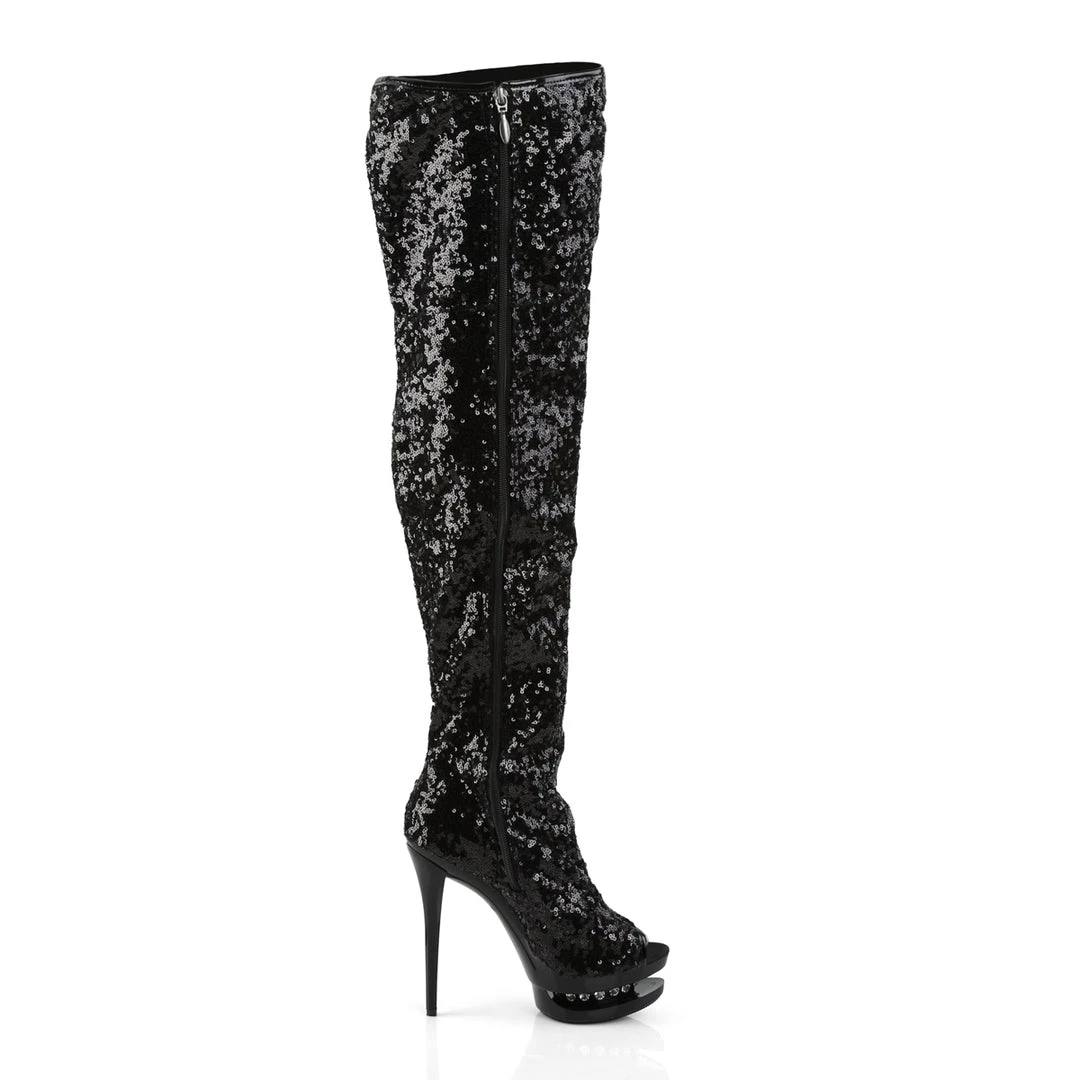 Pleaser Direct Blondie R-3011 Black Sequin Platform Thigh High Boots 5 Pleaser Direct Blondie R-3011 Black Sequin Platform Thigh High Boots