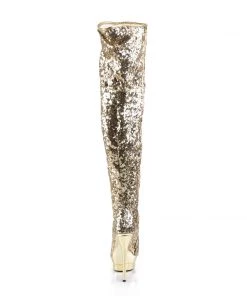 Pleaser Direct Platform Shoes Blondie R-3011 Gold Sequin Platform Thigh High Boots