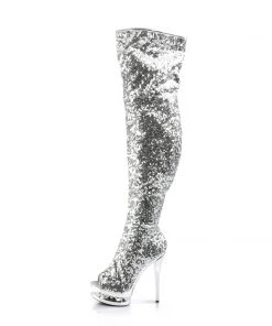 Pleaser Direct Blondie R-3011 Silver Sequin Platform Thigh High Boots Platform Shoes