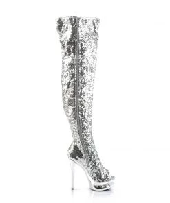 Pleaser Direct Blondie R-3011 Silver Sequin Platform Thigh High Boots Platform Shoes