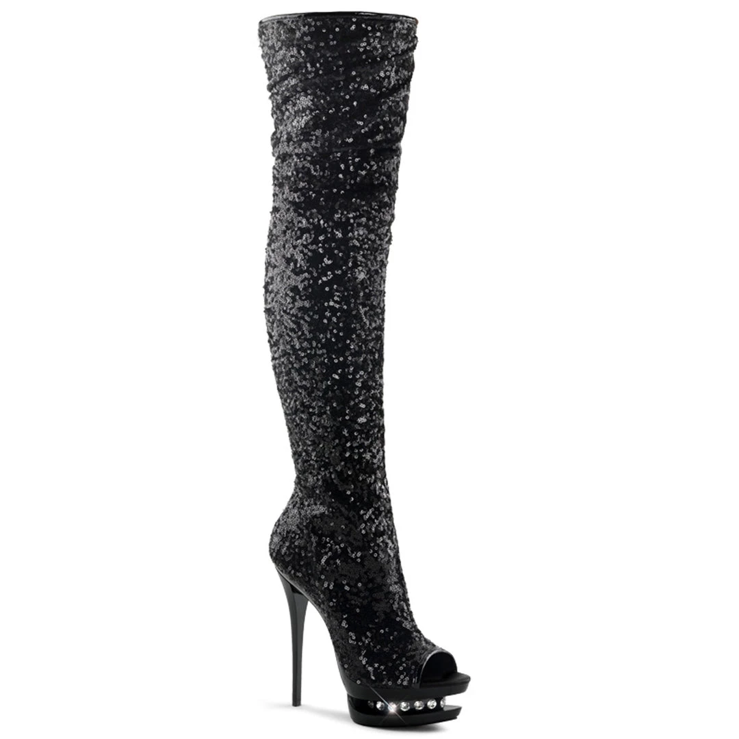 Pleaser Direct Blondie R-3011 Black Sequin Platform Thigh High Boots 1 Pleaser Direct Blondie R-3011 Black Sequin Platform Thigh High Boots