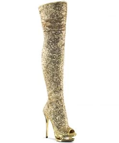 Pleaser Direct Platform Shoes Blondie R-3011 Gold Sequin Platform Thigh High Boots
