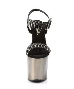 Pleaser Direct Larger Size Shoes Bondgirl 712 Silver Chrome And Bullet Strap Gun Platform Heels