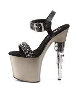 Pleaser Direct Larger Size Shoes Bondgirl 712 Silver Chrome And Bullet Strap Gun Platform Heels