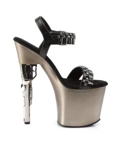 Pleaser Direct Larger Size Shoes Bondgirl 712 Silver Chrome And Bullet Strap Gun Platform Heels