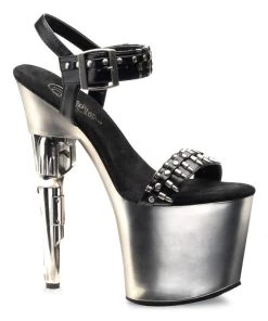 Pleaser Direct Larger Size Shoes Bondgirl 712 Silver Chrome And Bullet Strap Gun Platform Heels