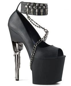 Pleaser Direct Bondgirl 783 Black Matte And Silver Chain Gun Platform Heels