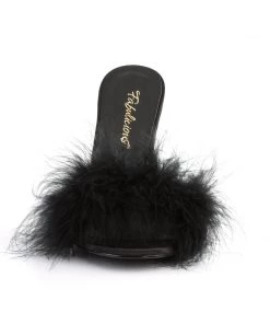 Pleaser Direct Larger Size Shoes Classique 01F Black Furry Marabou Slipper Sandals