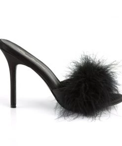 Pleaser Direct Larger Size Shoes Classique 01F Black Furry Marabou Slipper Sandals
