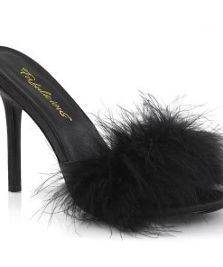 Pleaser Direct Larger Size Shoes Classique 01F Black Furry Marabou Slipper Sandals