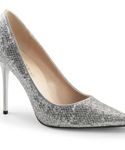 Pleaser Direct Classique 20 Silver Glitter Pointed Stilettos