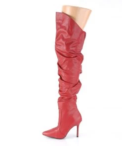 Pleaser Direct Larger Size Shoes Classique 3011 Red Faux Leather Ruched Thigh High Boots