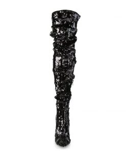 Pleaser Direct Larger Size Shoes Courtly 3011 Black Sequin Slouch Thigh High Boots