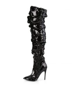 Pleaser Direct Larger Size Shoes Courtly 3011 Black Sequin Slouch Thigh High Boots