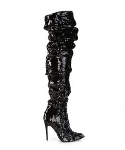 Pleaser Direct Larger Size Shoes Courtly 3011 Black Sequin Slouch Thigh High Boots
