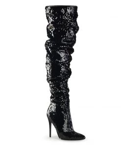 Pleaser Direct Larger Size Shoes Courtly 3011 Black Sequin Slouch Thigh High Boots