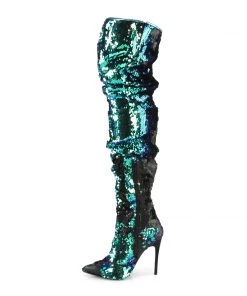 Pleaser Direct Courtly 3011 Green Sequin Slouch Thigh High Boots Larger Size Shoes