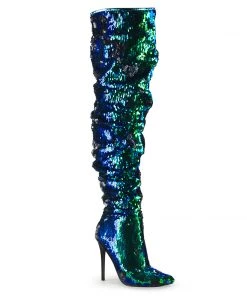 Pleaser Direct Courtly 3011 Green Sequin Slouch Thigh High Boots Larger Size Shoes