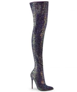 Pleaser Direct Courtly 3015 Black Glitter Thigh High Boots