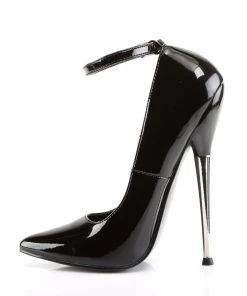 Pleaser Direct Larger Size Shoes Dagger 12 Black Patent Vegan Stiletto With Ankle Strap