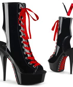 Pleaser Direct Larger Size Shoes Delight 1016FH Black Patent Red Lace Up Peep-Toe Platforms