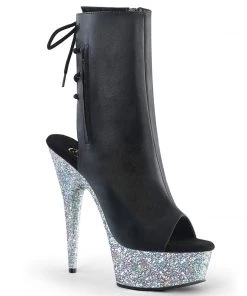 Pleaser Direct Delight 1018LG Black Matte And Silver Glitter Vegan Ankle Boots Glitter Shoes