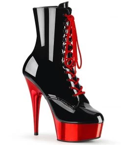 Pleaser Direct Delight 1020 Black Patent And Red Chrome Ankle Boots