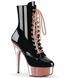 Pleaser Direct Delight 1020 Black Patent And Rose Gold Chrome Ankle Boots Larger Size Shoes