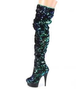 Pleaser Direct Delight 3004 Black And Green Sequin Thigh Boot