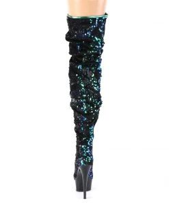 Pleaser Direct Delight 3004 Black And Green Sequin Thigh Boot