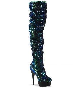 Pleaser Direct Delight 3004 Black And Green Sequin Thigh Boot