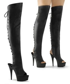 Pleaser Direct Delight 3019 Black Faux Leather Thigh High Boots