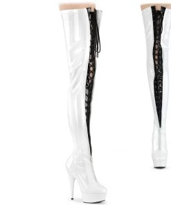 Pleaser DELIGHT 3027 White / Black Vegan Thigh High Boots