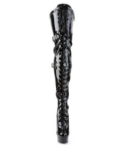 Pleaser Direct Delight 3028 Black Patent Buckle Thigh Boots