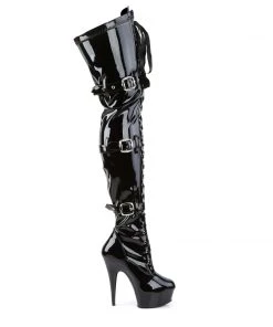Pleaser Direct Delight 3028 Black Patent Buckle Thigh Boots
