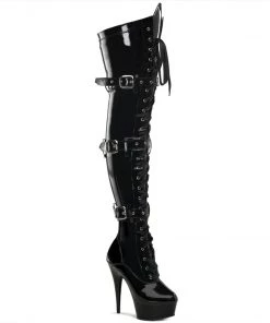 Pleaser Direct Delight 3028 Black Patent Buckle Thigh Boots