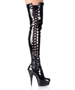 Pleaser Direct Delight 3050 Black Patent Thigh High Boots