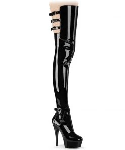 Pleaser Direct Platform Shoes Delight 3055 Black Patent Faux Leather Thigh High Boots