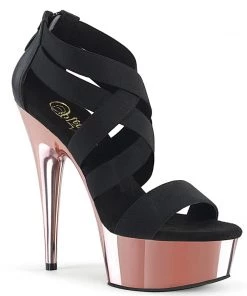 Pleaser Direct Delight 669 Black Patent & Rose Gold Chrome Strappy Sandals