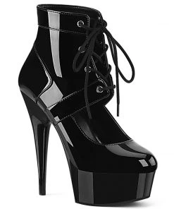 Pleaser Direct Larger Size Shoes Delight 688 Black Patent Lace Up Ankle Boots