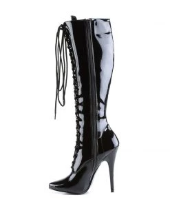 Pleaser Direct Domina 2020 Black Patent Lace Up Knee High Boots