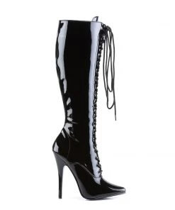 Pleaser Direct Domina 2020 Black Patent Lace Up Knee High Boots
