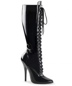 Pleaser Direct Domina 2020 Black Patent Lace Up Knee High Boots