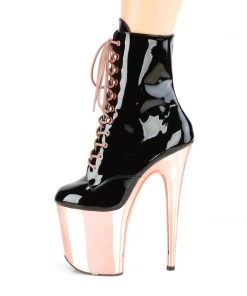 Pleaser Direct Flamingo 1020 Black Patent & Rose Gold Chrome Ankle Boot Larger Size Shoes