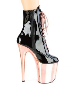 Pleaser Direct Flamingo 1020 Black Patent & Rose Gold Chrome Ankle Boot Larger Size Shoes