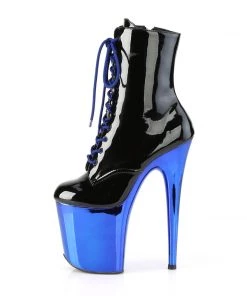 Pleaser Direct Flamingo 1020 Black Patent & Royal Blue Chrome Ankle Boots