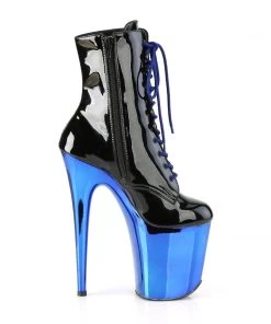Pleaser Direct Flamingo 1020 Black Patent & Royal Blue Chrome Ankle Boots
