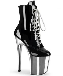 Pleaser Direct Flamingo 1020 Black Patent & Silver Chrome Ankle Boots